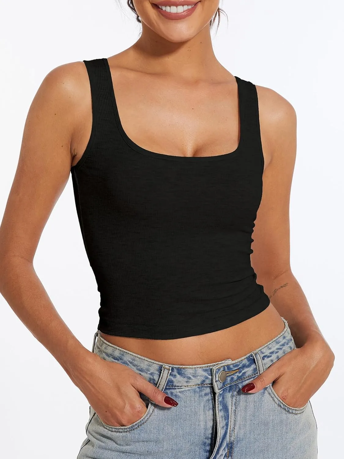 AnotherChill Women's Ribbed Crop Tank Tops Scoop Neck High Back Basic Sleeveless Rib Shirt Summer Athletic Top