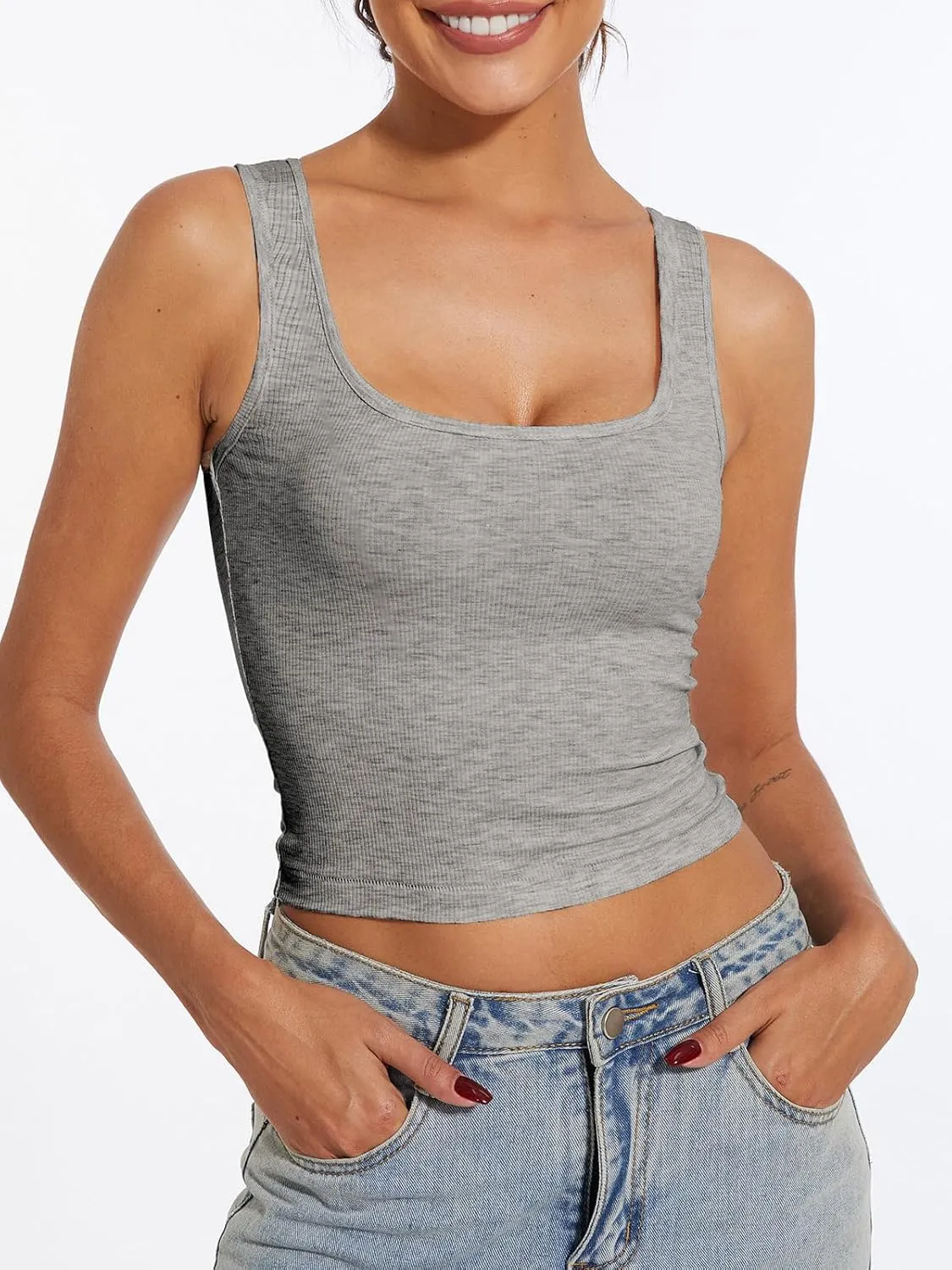 AnotherChill Women's Ribbed Crop Tank Tops Scoop Neck High Back Basic Sleeveless Rib Shirt Summer Athletic Top