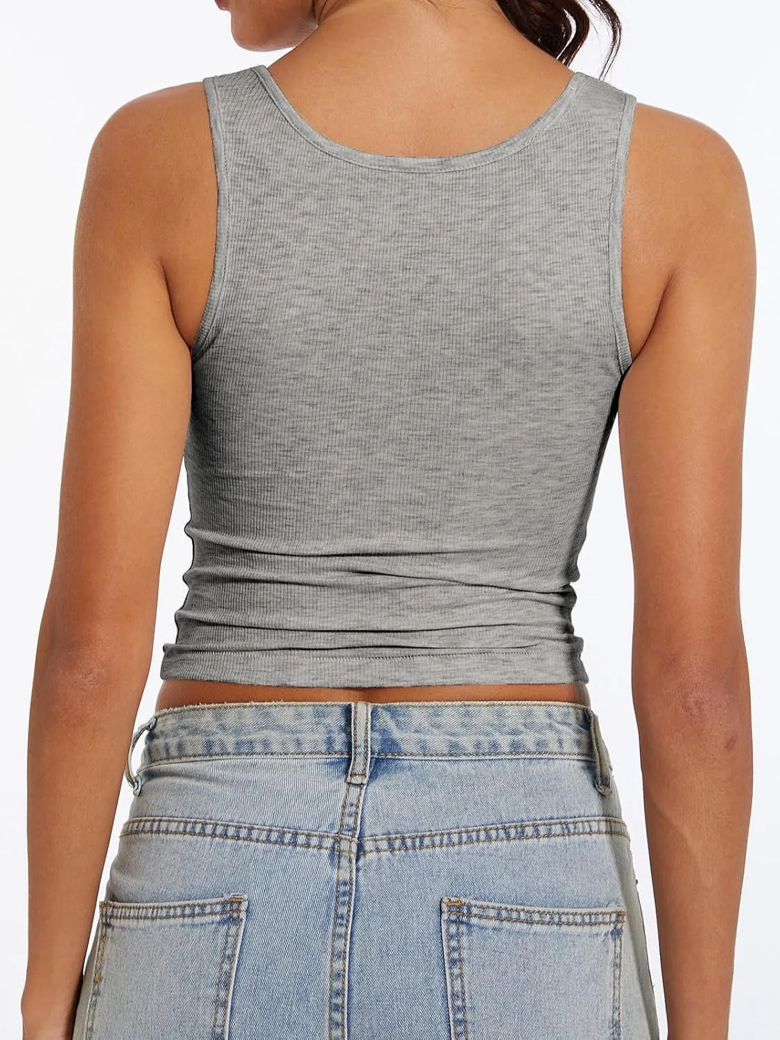 AnotherChill Women's Ribbed Crop Tank Tops Scoop Neck High Back Basic Sleeveless Rib Shirt Summer Athletic Top