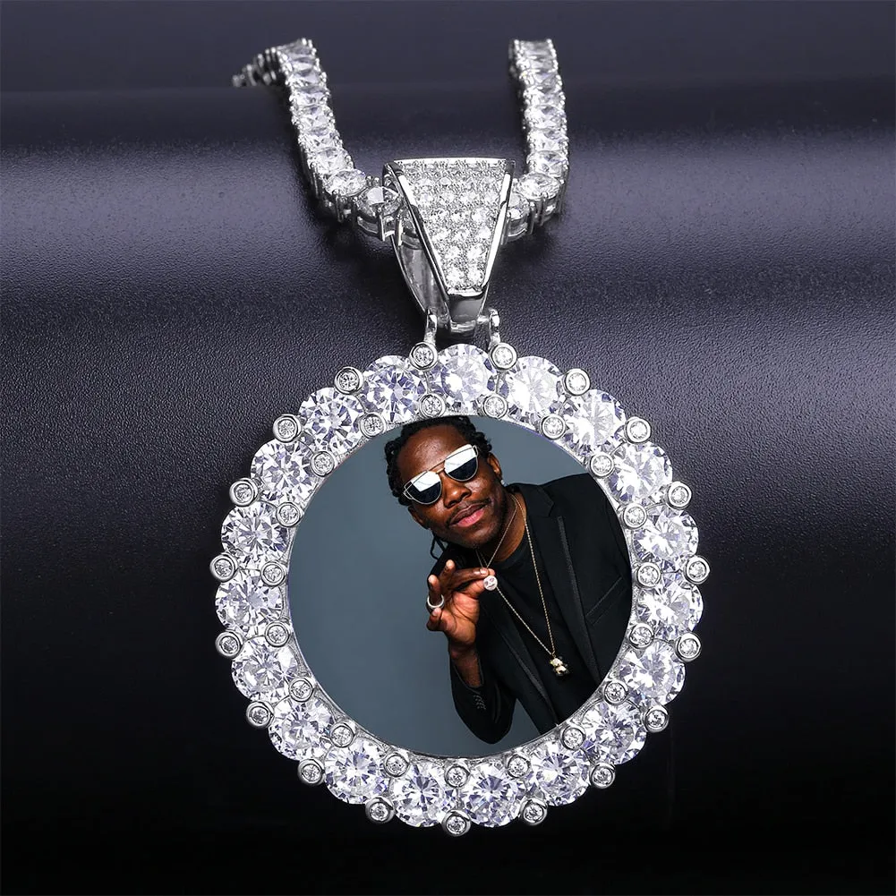 GUCY New Custom Photo Roundness Solid Back Pendant & Necklace With Tennis Chain Cubic Zircon Men's Hip Hop Jewelry
