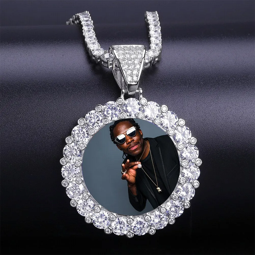 GUCY New Custom Photo Roundness Solid Back Pendant & Necklace With Tennis Chain Cubic Zircon Men's Hip Hop Jewelry