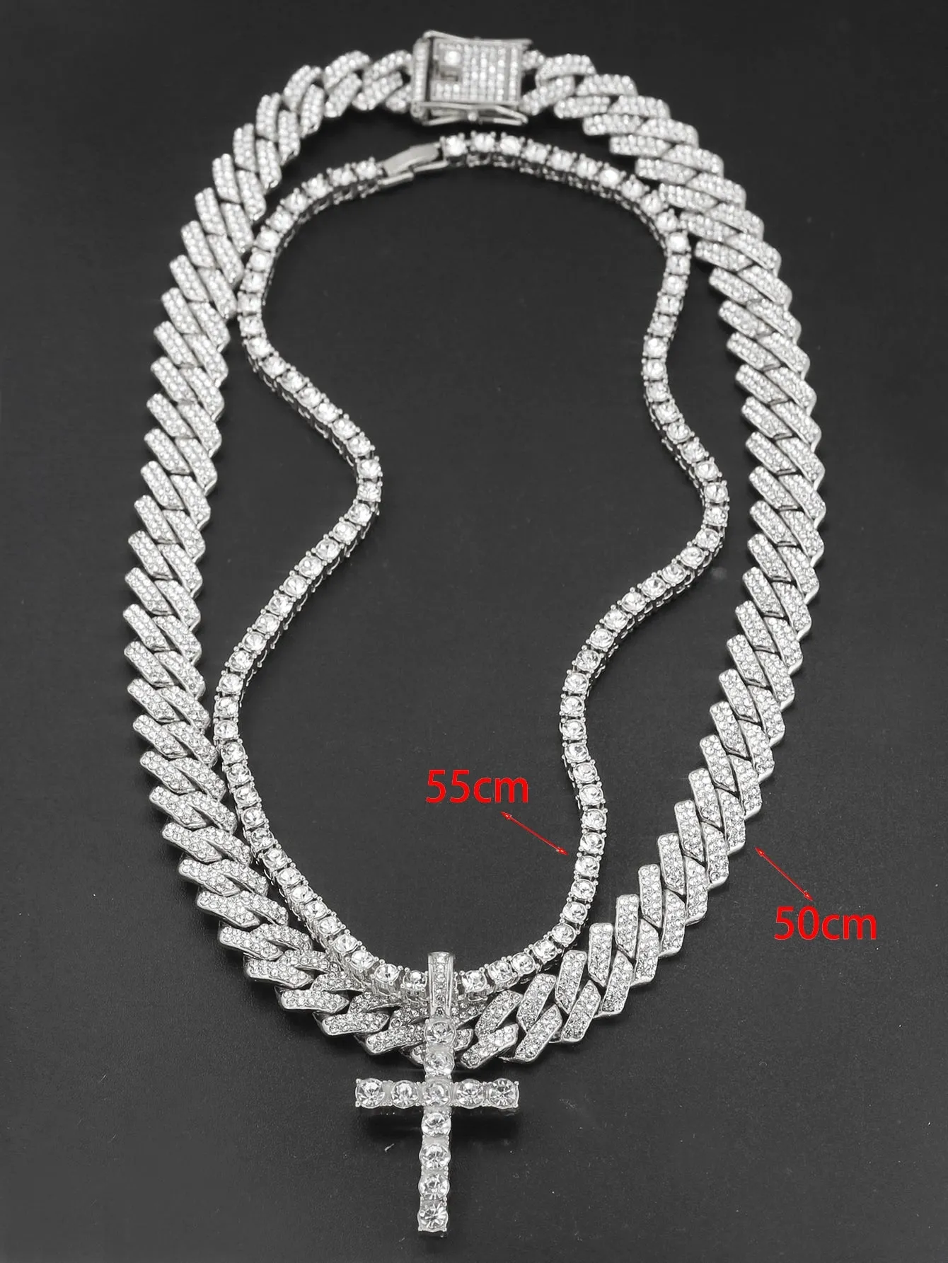 Hip Hop 2pcs Cross Tennis Chain 14MM  For Men Women Iced Out 2 Row