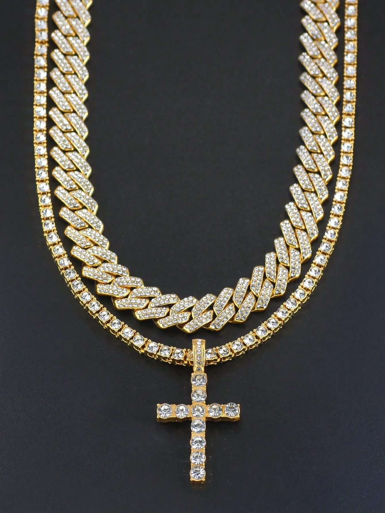 Hip Hop 2pcs Cross Tennis Chain 14MM  For Men Women Iced Out 2 Row