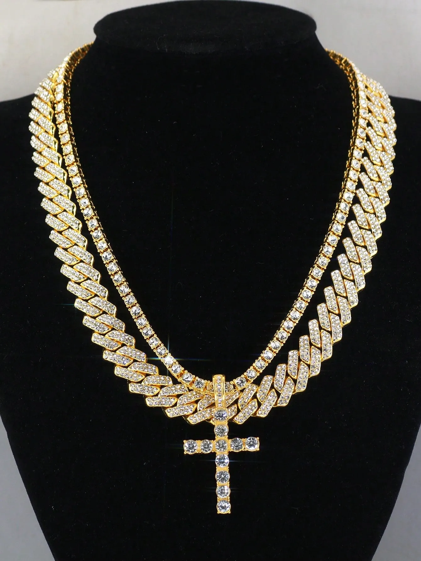 Hip Hop 2pcs Cross Tennis Chain 14MM  For Men Women Iced Out 2 Row