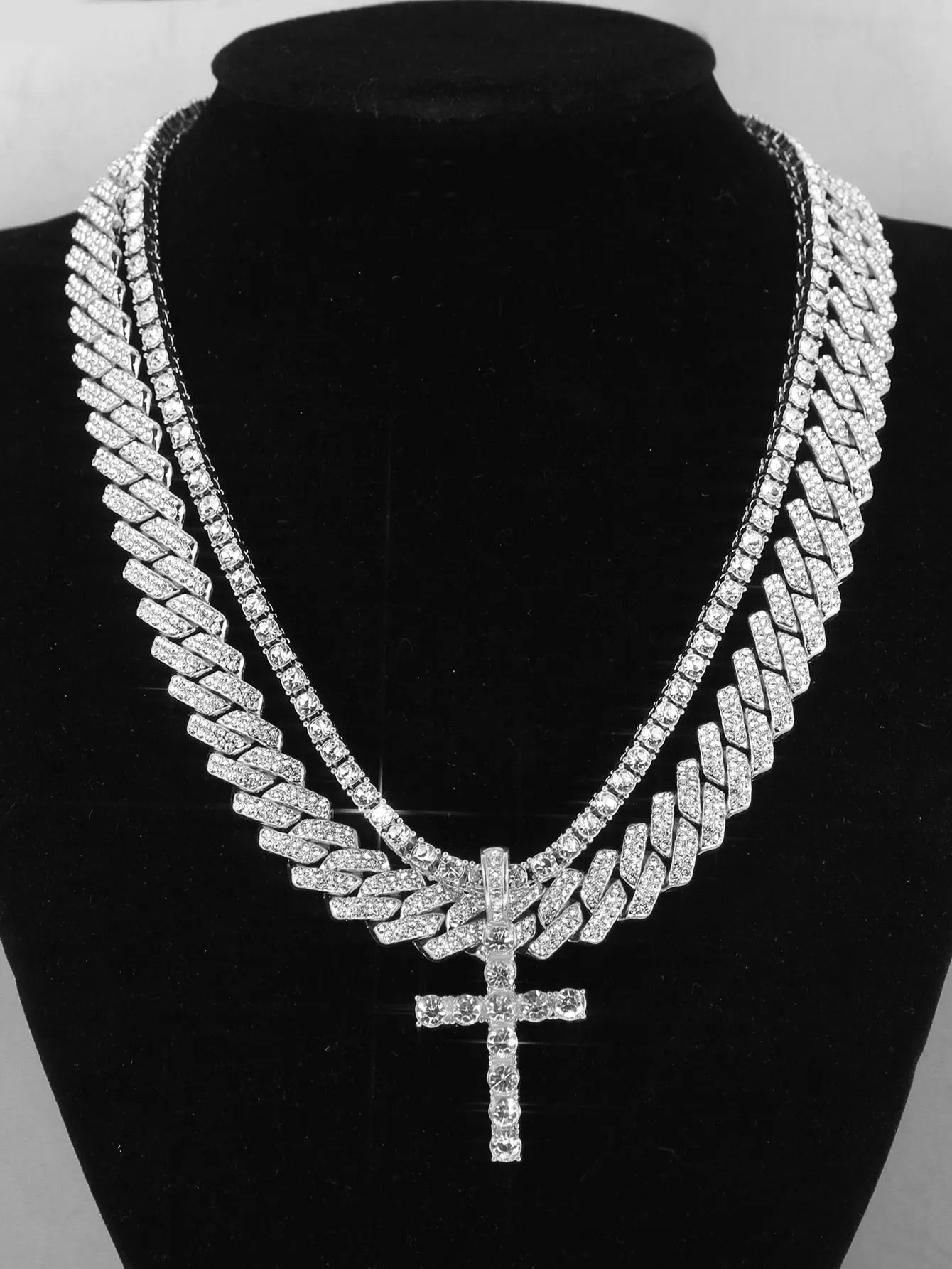 Hip Hop 2pcs Cross Tennis Chain 14MM  For Men Women Iced Out 2 Row