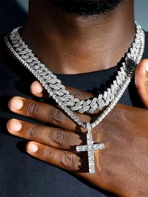Hip Hop 2pcs Cross Tennis Chain 14MM  For Men Women Iced Out 2 Row
