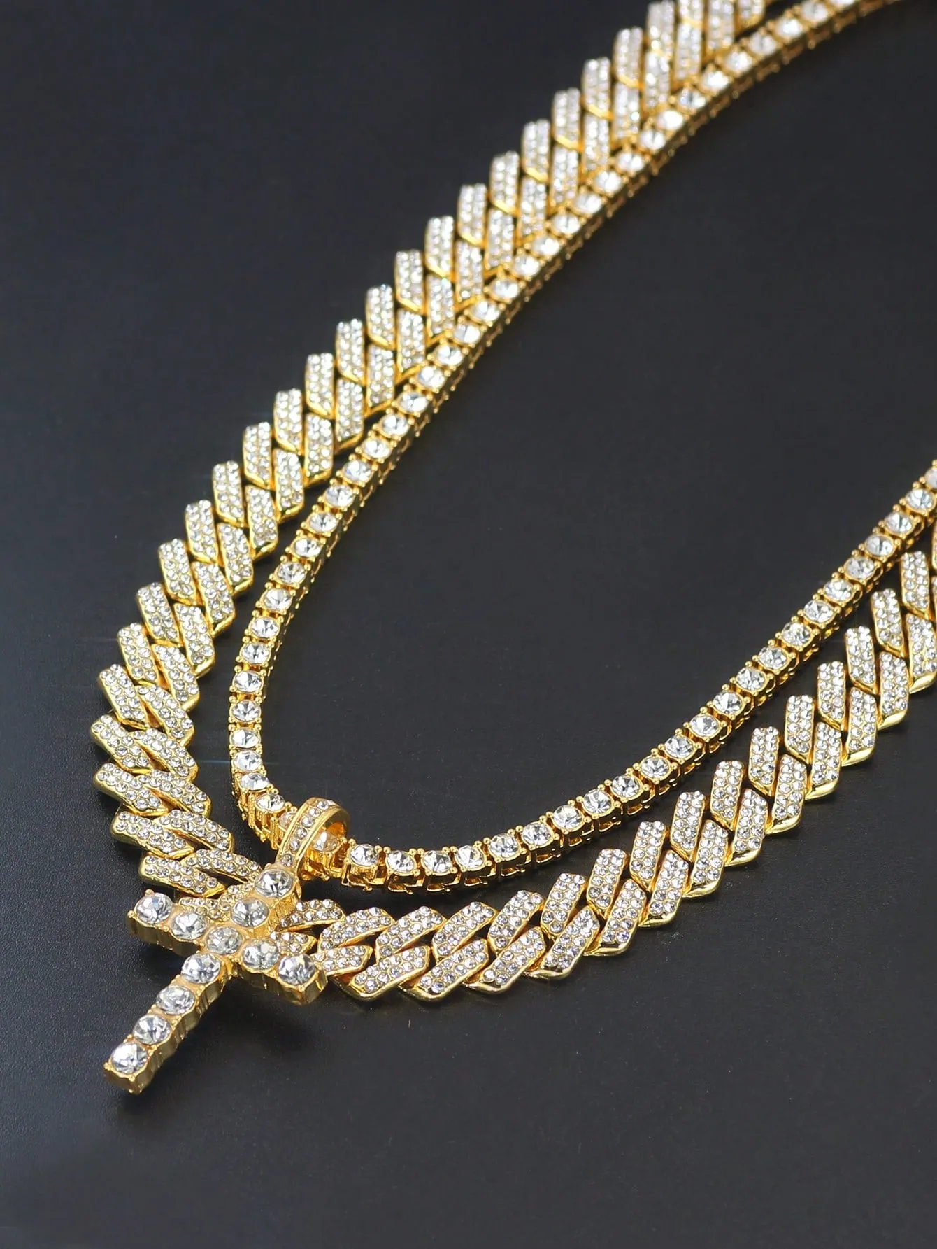 Hip Hop 2pcs Cross Tennis Chain 14MM  For Men Women Iced Out 2 Row