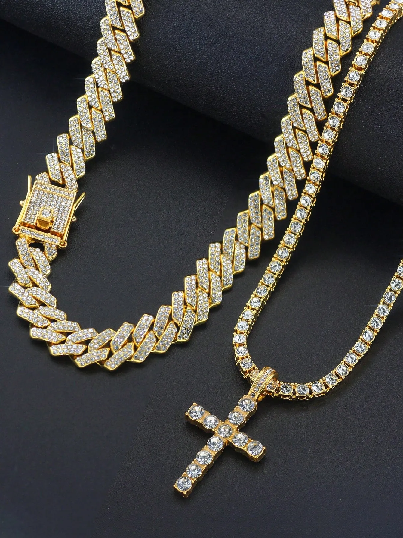 Hip Hop 2pcs Cross Tennis Chain 14MM  For Men Women Iced Out 2 Row