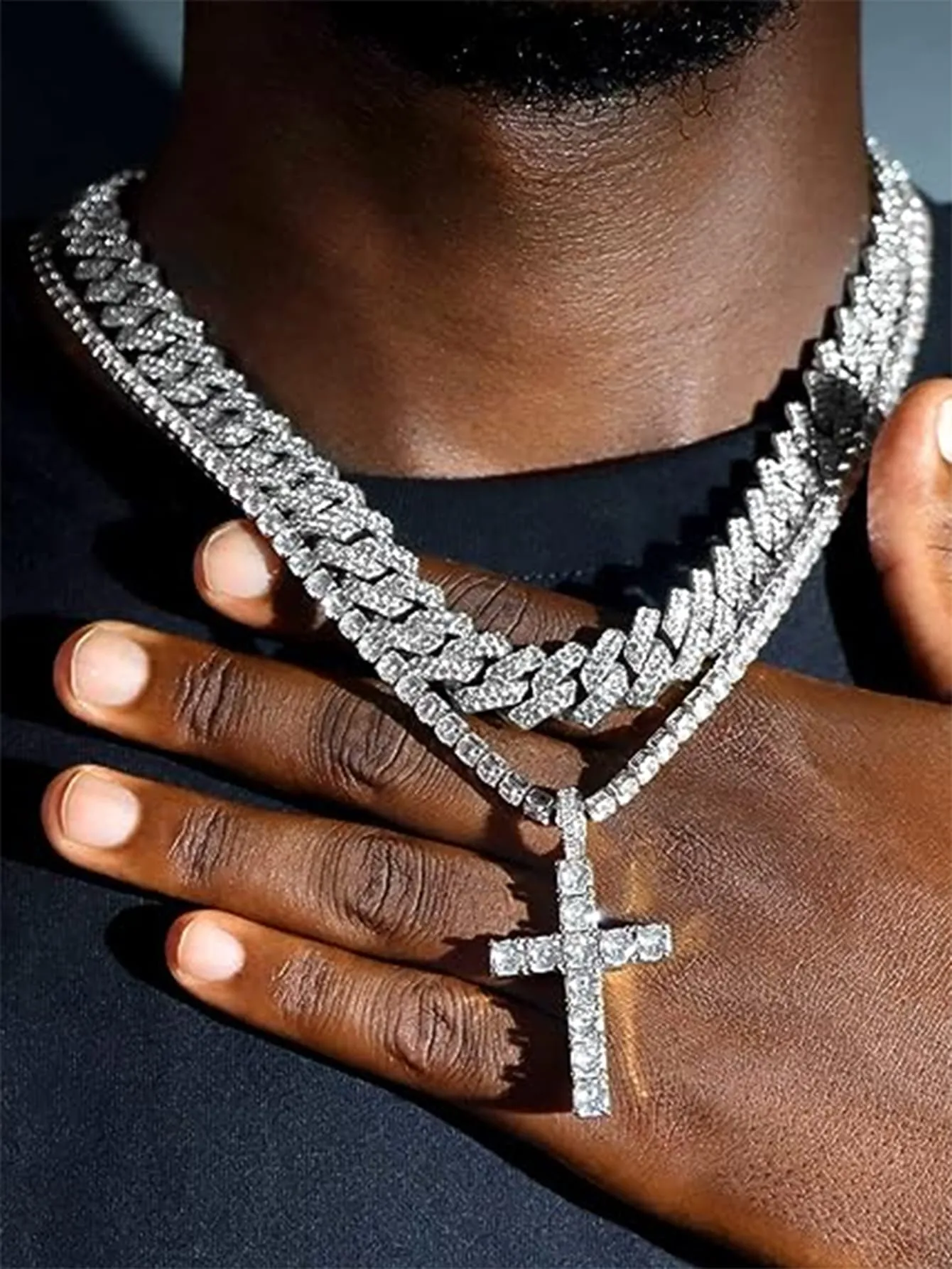 Hip Hop 2pcs Cross Tennis Chain 14MM  For Men Women Iced Out 2 Row