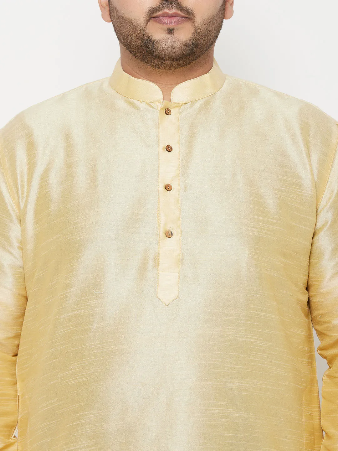 Jashvi Men's Plus Size Gold Silk Blend Kurta And Navy Blue Dhoti Set