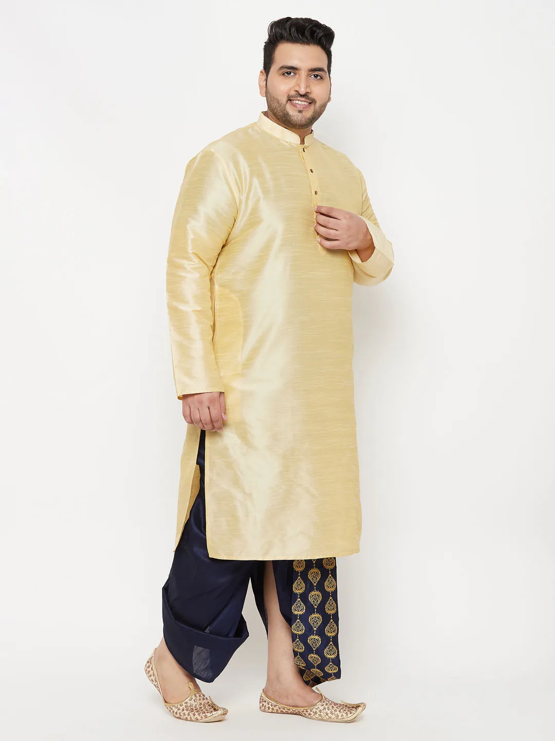 Jashvi Men's Plus Size Gold Silk Blend Kurta And Navy Blue Dhoti Set
