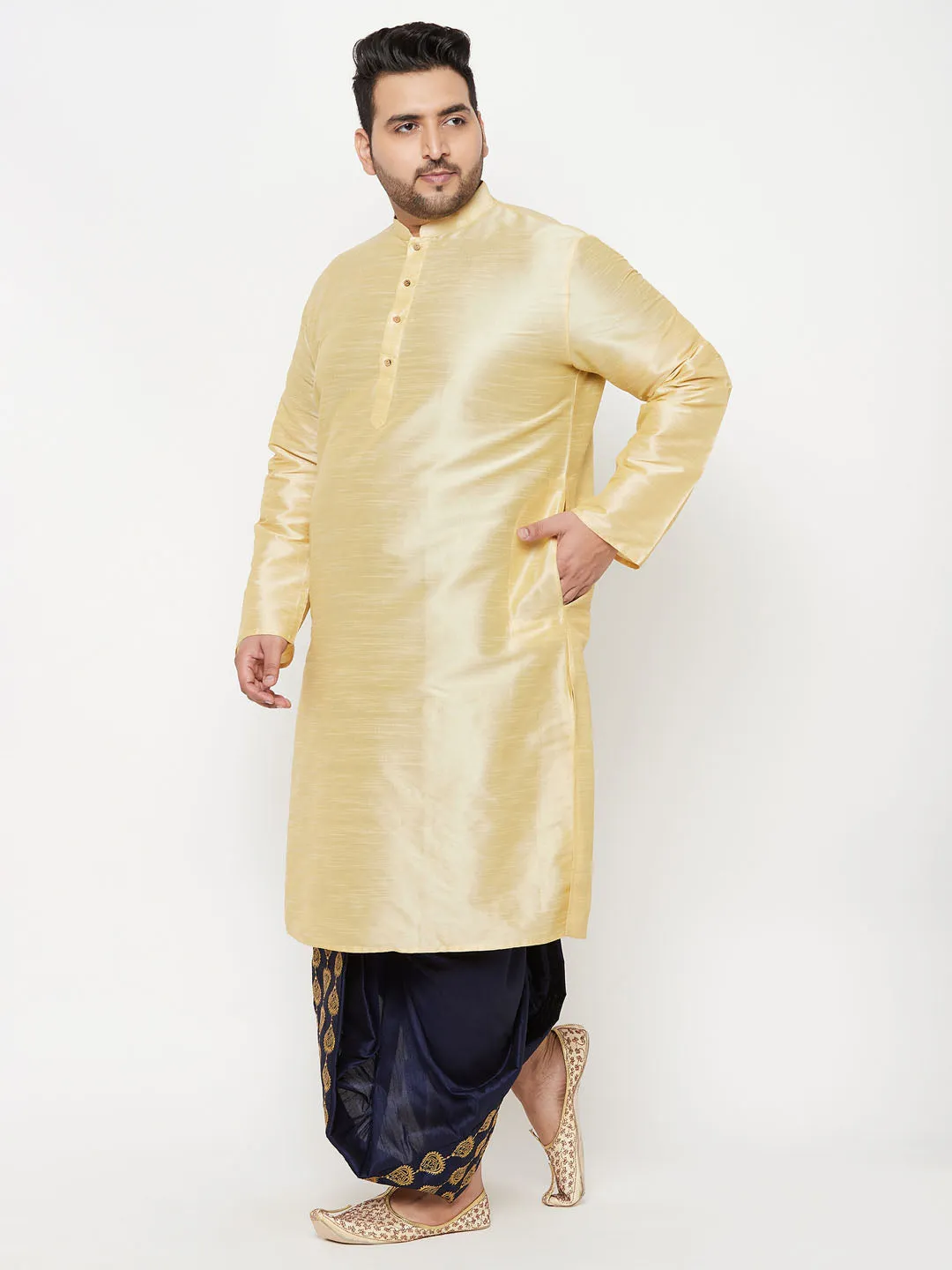 Jashvi Men's Plus Size Gold Silk Blend Kurta And Navy Blue Dhoti Set