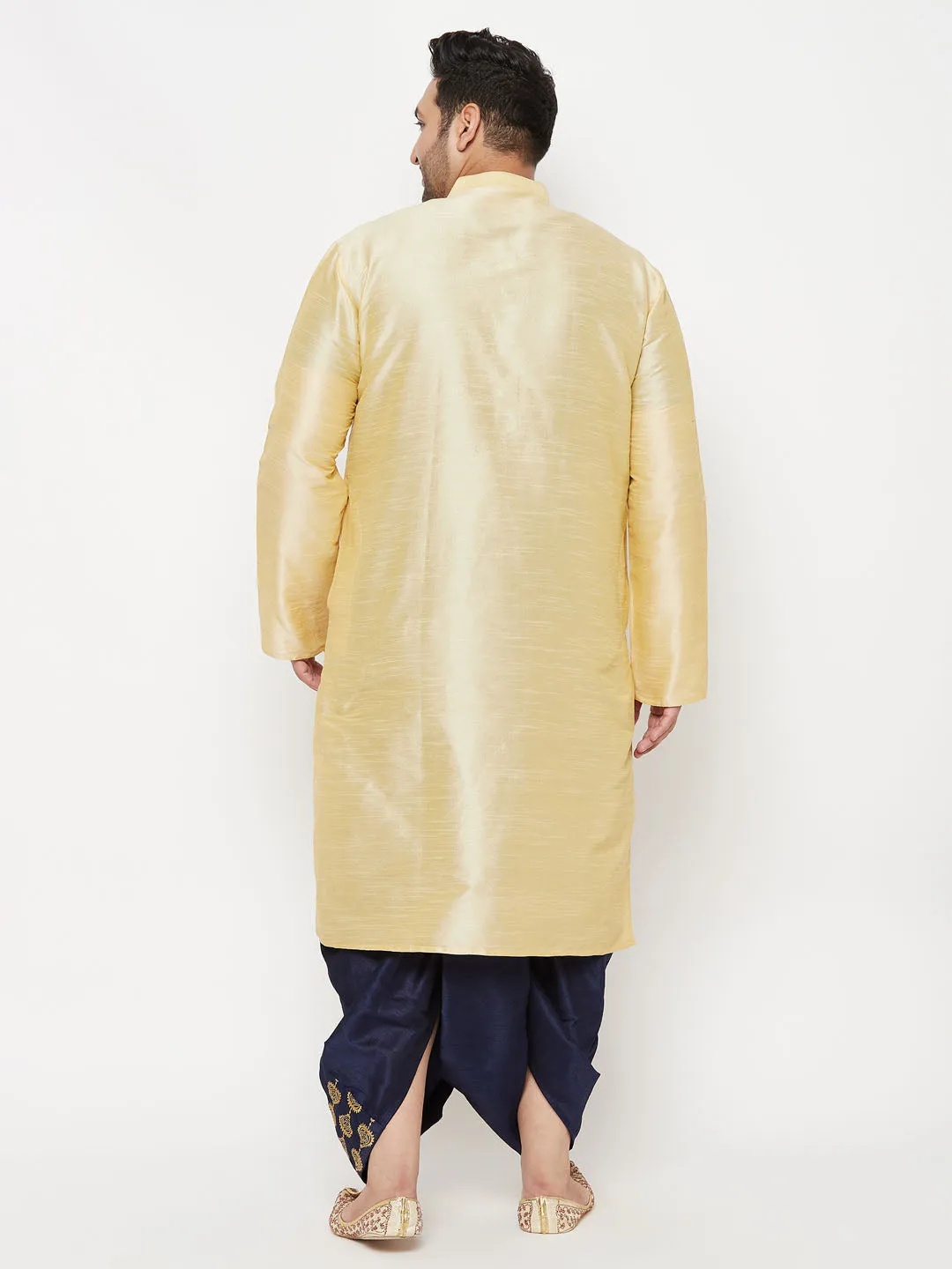 Jashvi Men's Plus Size Gold Silk Blend Kurta And Navy Blue Dhoti Set