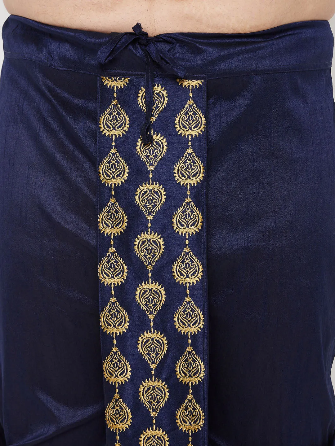 Jashvi Men's Plus Size Gold Silk Blend Kurta And Navy Blue Dhoti Set