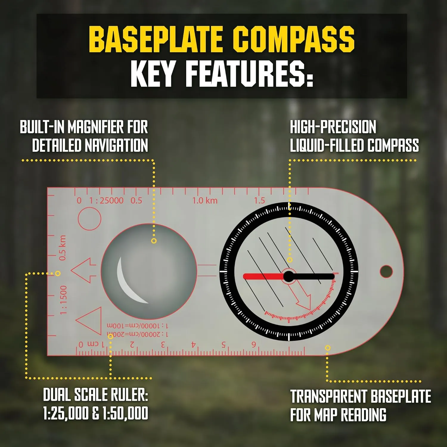 M-Tac Orienteering Compass for Map Reading - Baseplate Compass Survival Hiking Hunting Navigation