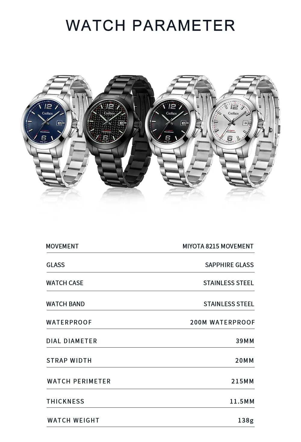 Men's Watches Automatic Mechanical Top Luxury Brand 39mm Classic Watch 200M Water Resistant Wristwatch