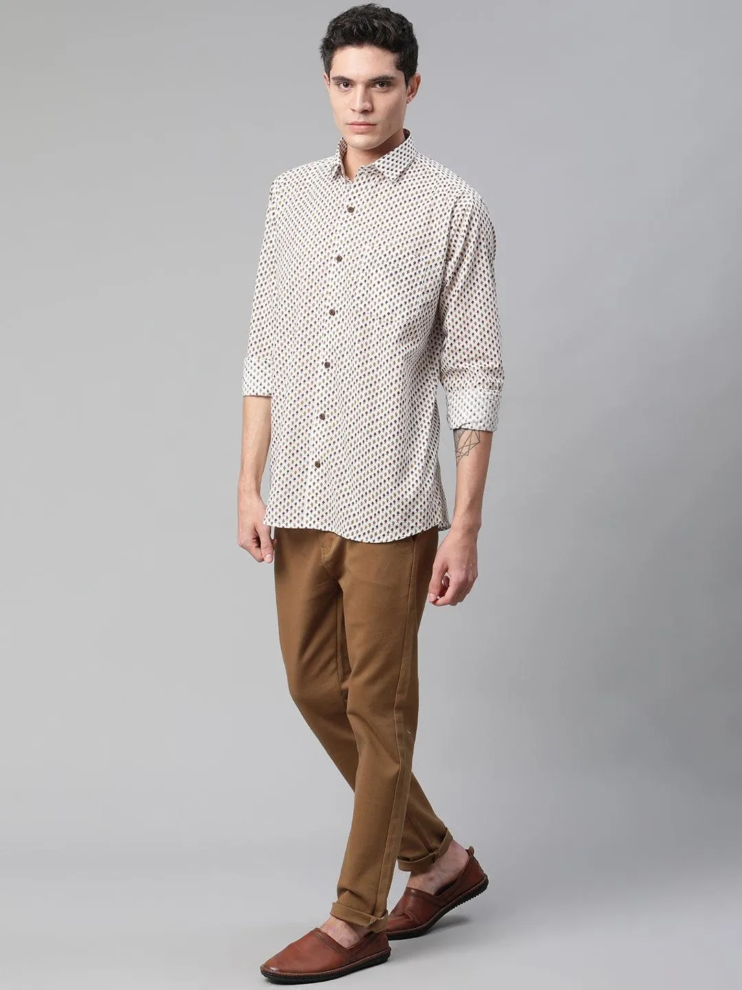Millennial Men White & Yellow Cotton  Full Sleeve  Shirt for Men-MMF0283