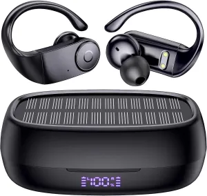 MOZOTER Earbuds Bluetooth Headphones with Earhooks[Solar Charging &Wireless Charging with LED Display][IPX7 Waterproof ] Wireless Over Ear Buds Built-in Mics Headset for Sport Running Workout-Black