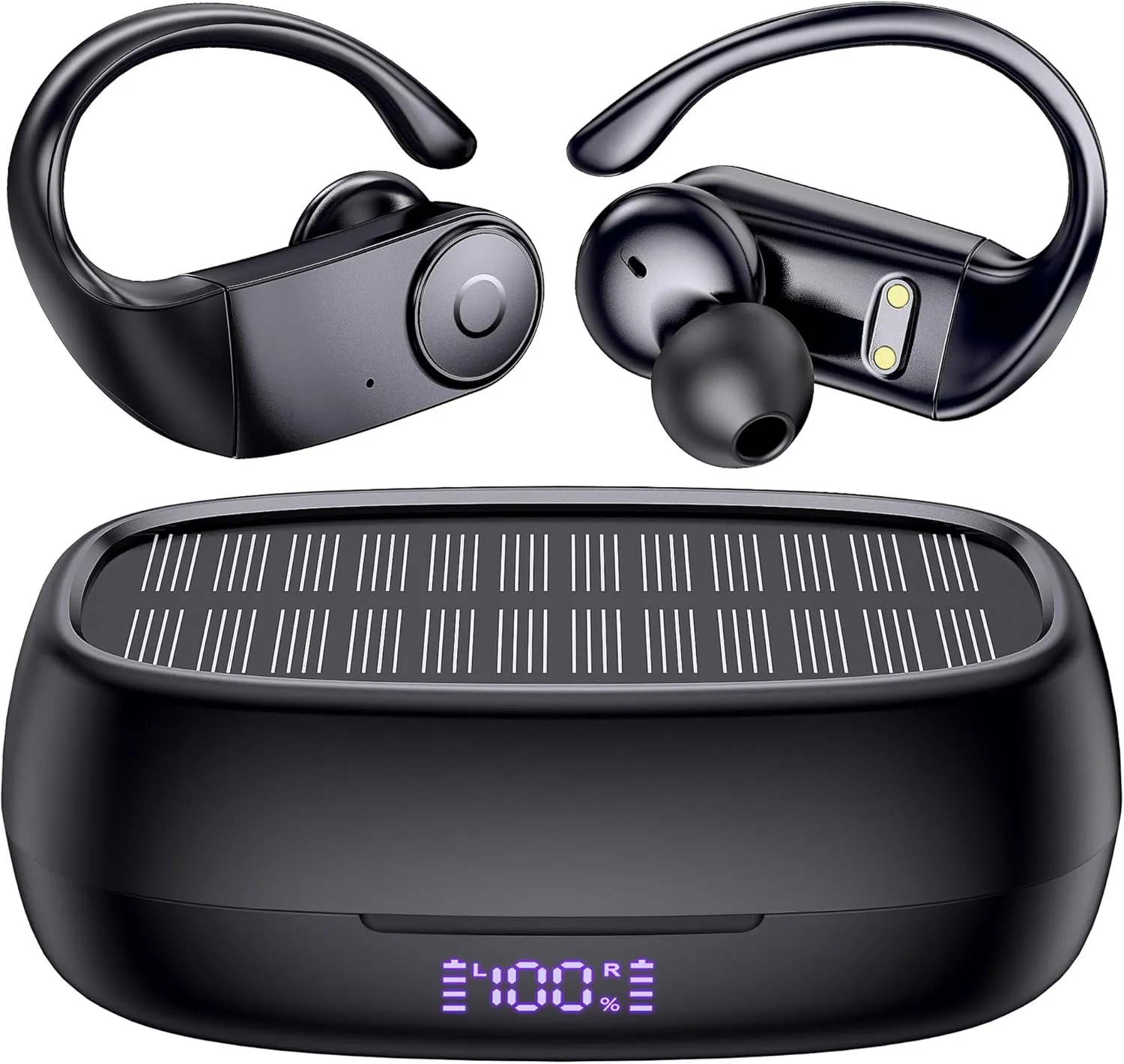 MOZOTER Earbuds Bluetooth Headphones with Earhooks[Solar Charging &Wireless Charging with LED Display][IPX7 Waterproof ] Wireless Over Ear Buds Built-in Mics Headset for Sport Running Workout-Black