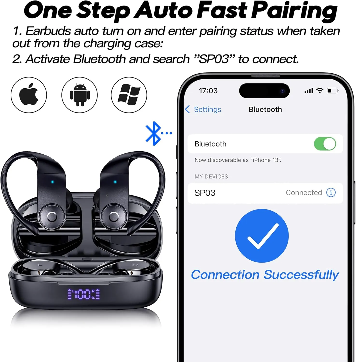 MOZOTER Earbuds Bluetooth Headphones with Earhooks[Solar Charging &Wireless Charging with LED Display][IPX7 Waterproof ] Wireless Over Ear Buds Built-in Mics Headset for Sport Running Workout-Black