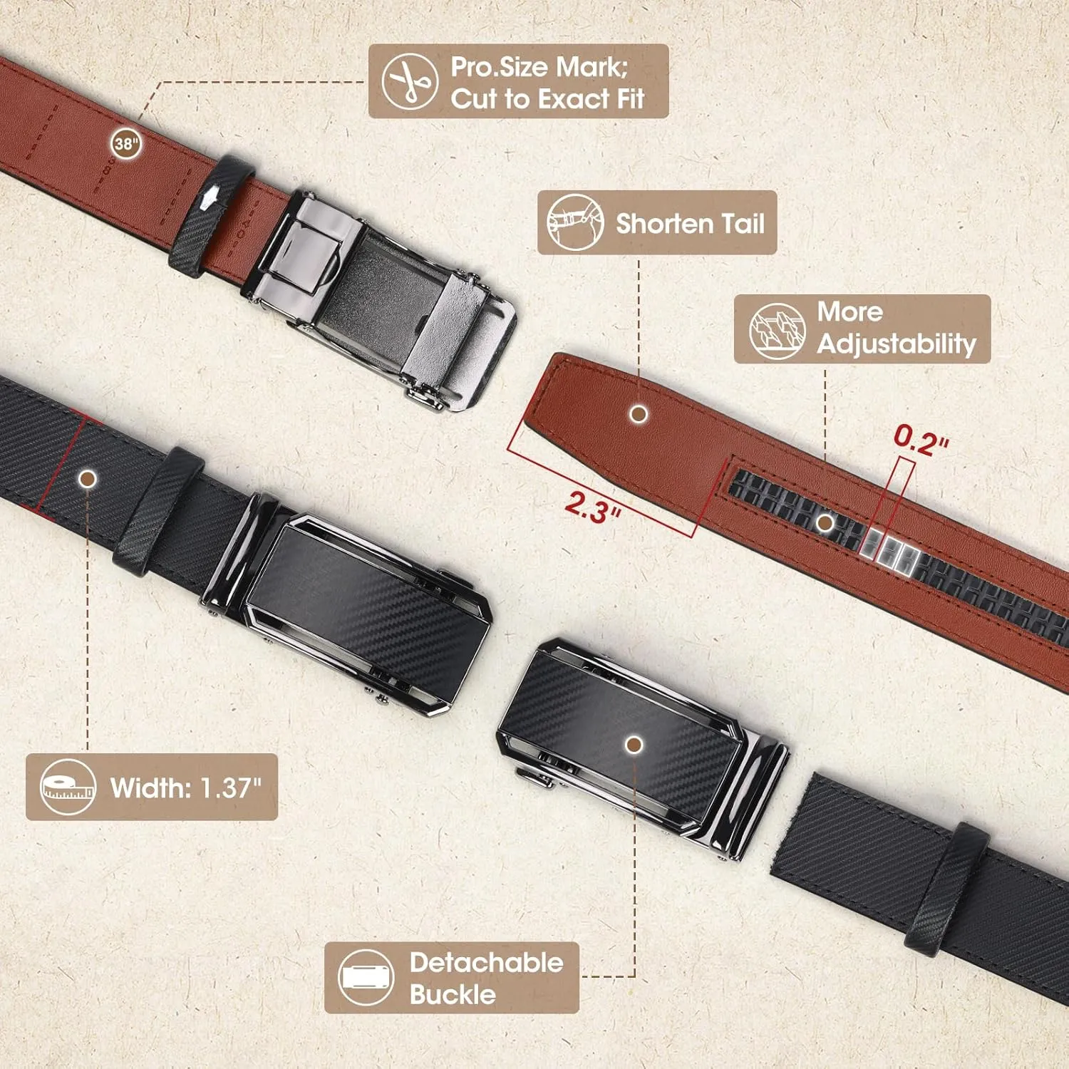 NUBILY Mens Belt Ratchet Leather Belts for Men Adjustable 1 3/8" Men's Belts for Dress Casual with Gift Box, Trim to Fit