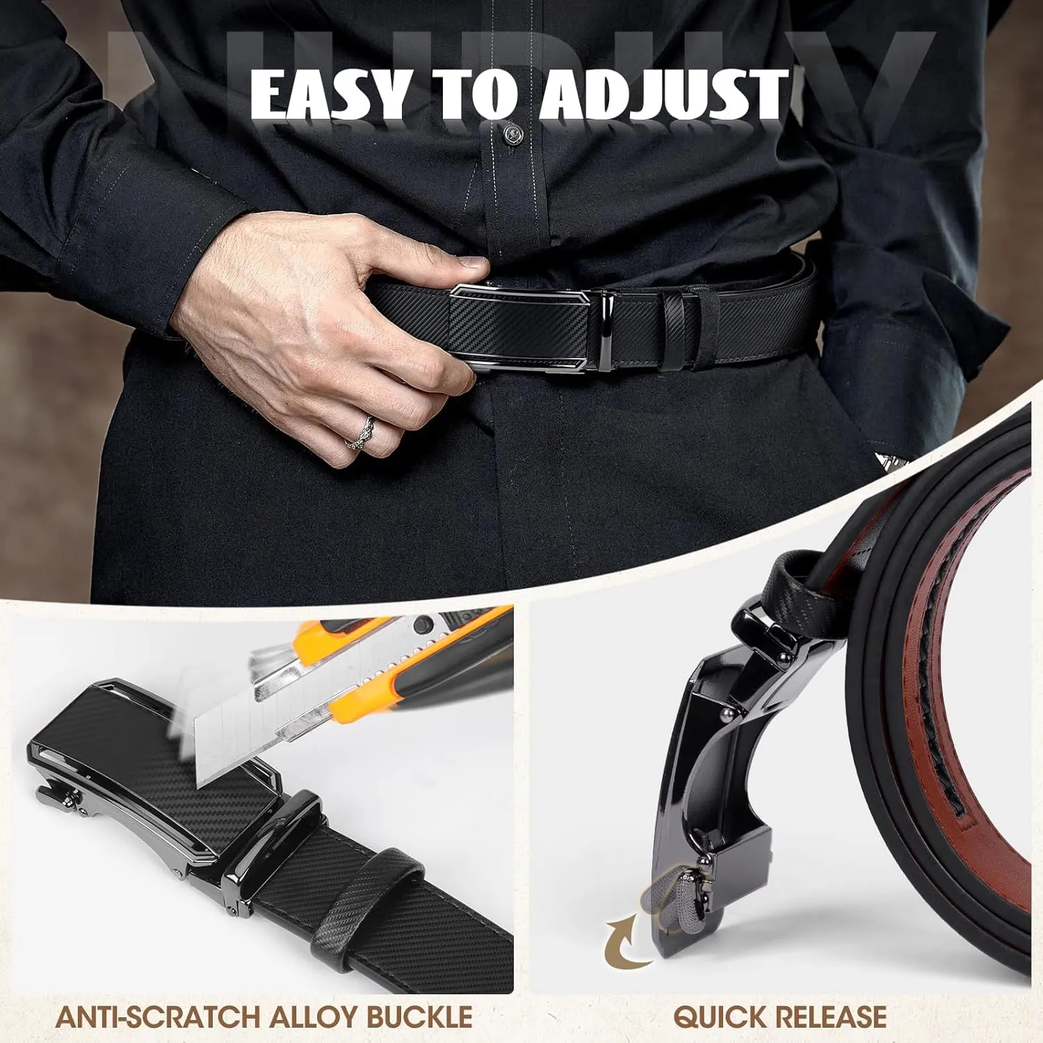 NUBILY Mens Belt Ratchet Leather Belts for Men Adjustable 1 3/8" Men's Belts for Dress Casual with Gift Box, Trim to Fit
