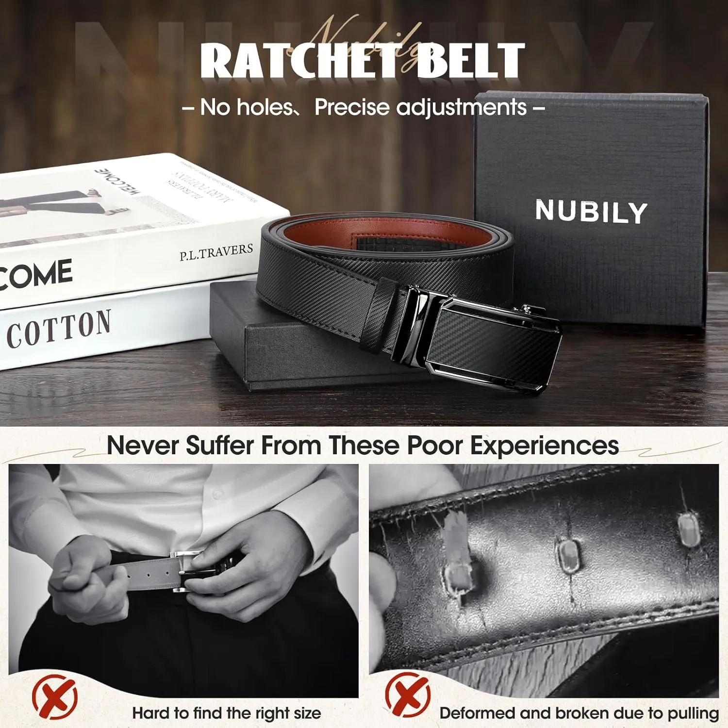 NUBILY Mens Belt Ratchet Leather Belts for Men Adjustable 1 3/8" Men's Belts for Dress Casual with Gift Box, Trim to Fit