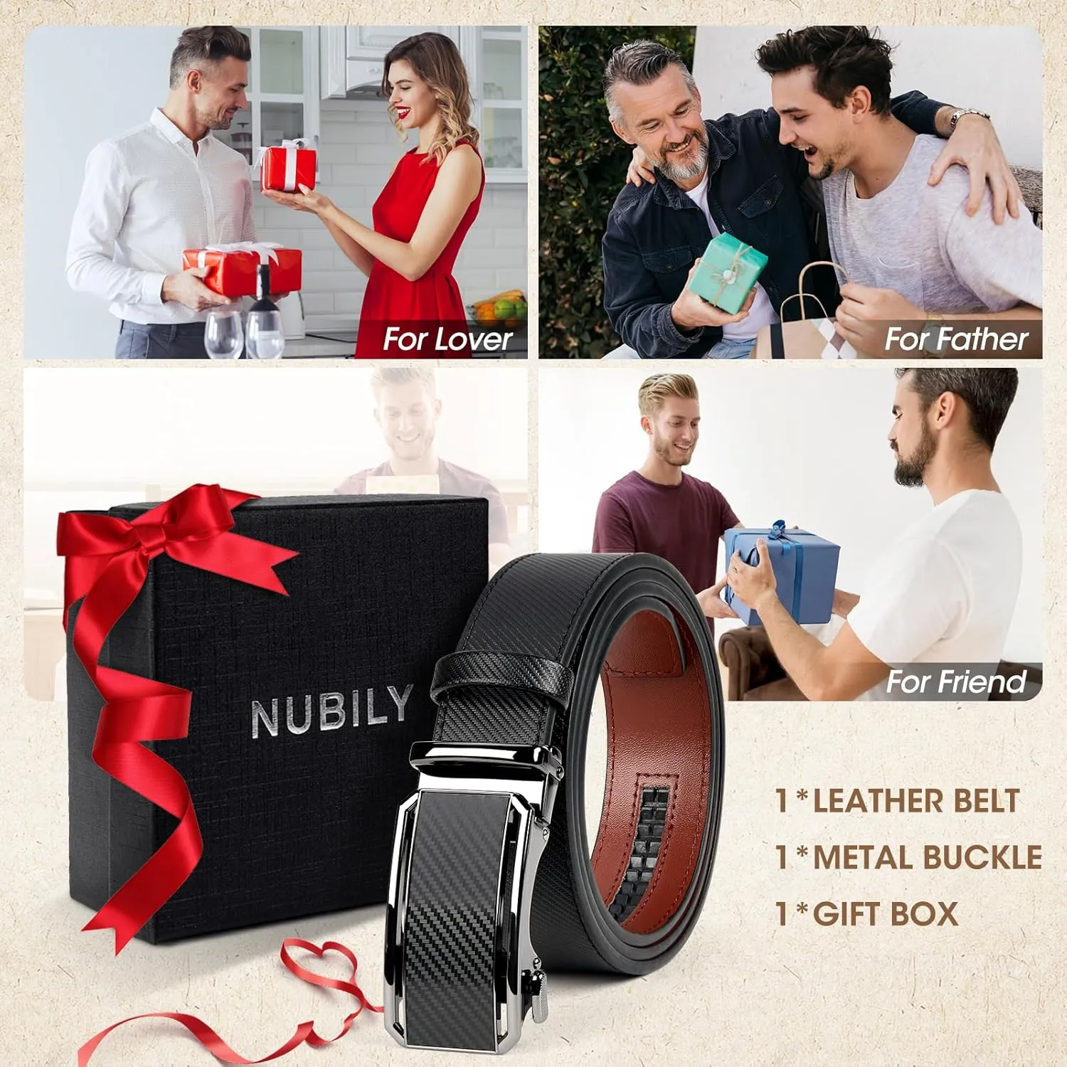 NUBILY Mens Belt Ratchet Leather Belts for Men Adjustable 1 3/8" Men's Belts for Dress Casual with Gift Box, Trim to Fit
