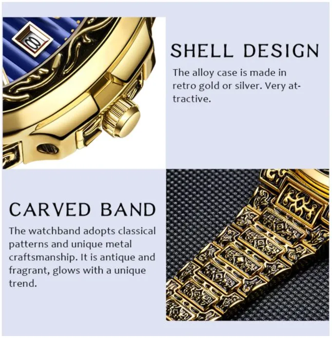 ONOLA   Retro Stainless Steel Water Resistant Men's Watch Uniquely Carved Band & Face