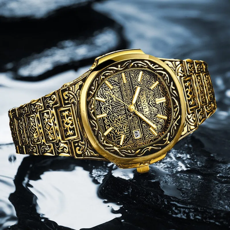 ONOLA   Retro Stainless Steel Water Resistant Men's Watch Uniquely Carved Band & Face