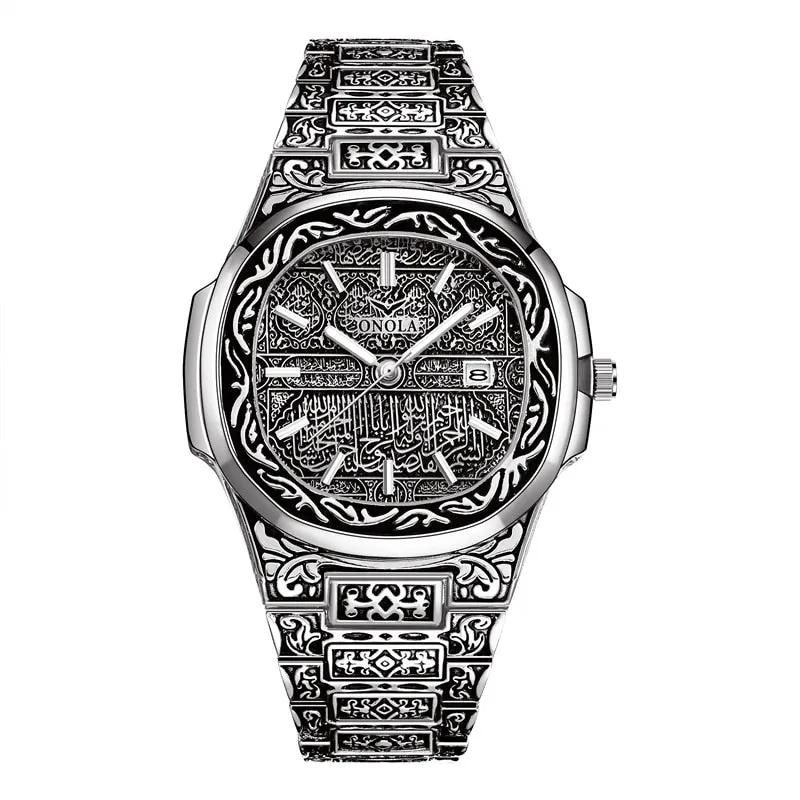 ONOLA   Retro Stainless Steel Water Resistant Men's Watch Uniquely Carved Band & Face