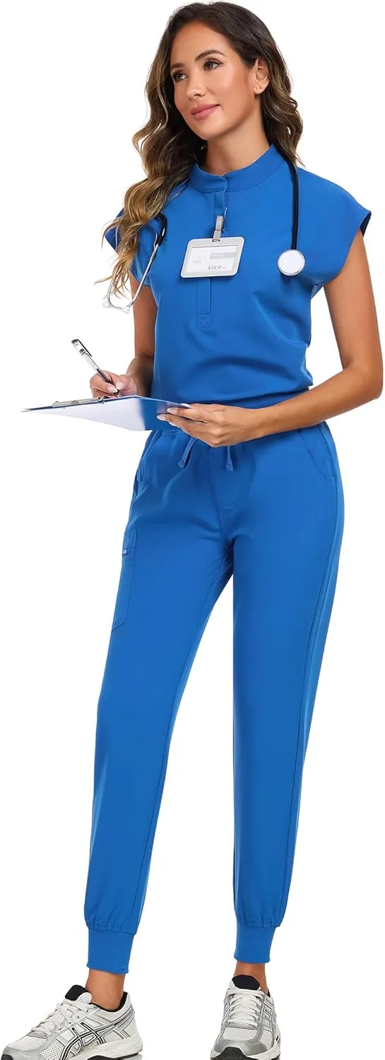 Scrub Pants for Women Four Way Stretch Joggers High Rise Zipper Cargo Pants with 5 Pockets