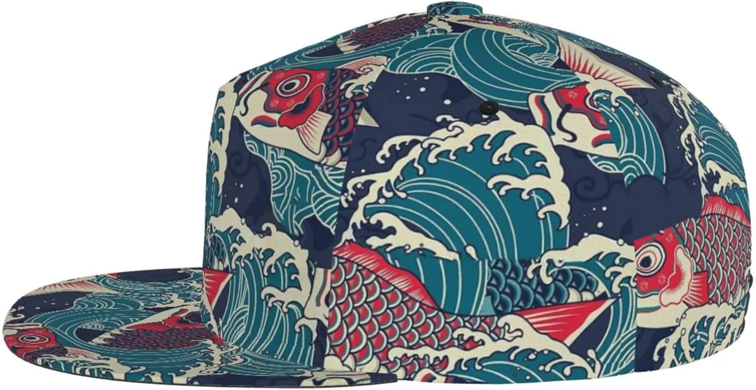Snapback Hats for Men Women Fashion Japanese Koi Fish Baseball Cap Trucker Hat for Cycling Sports Running Golf Flat Brim Hats