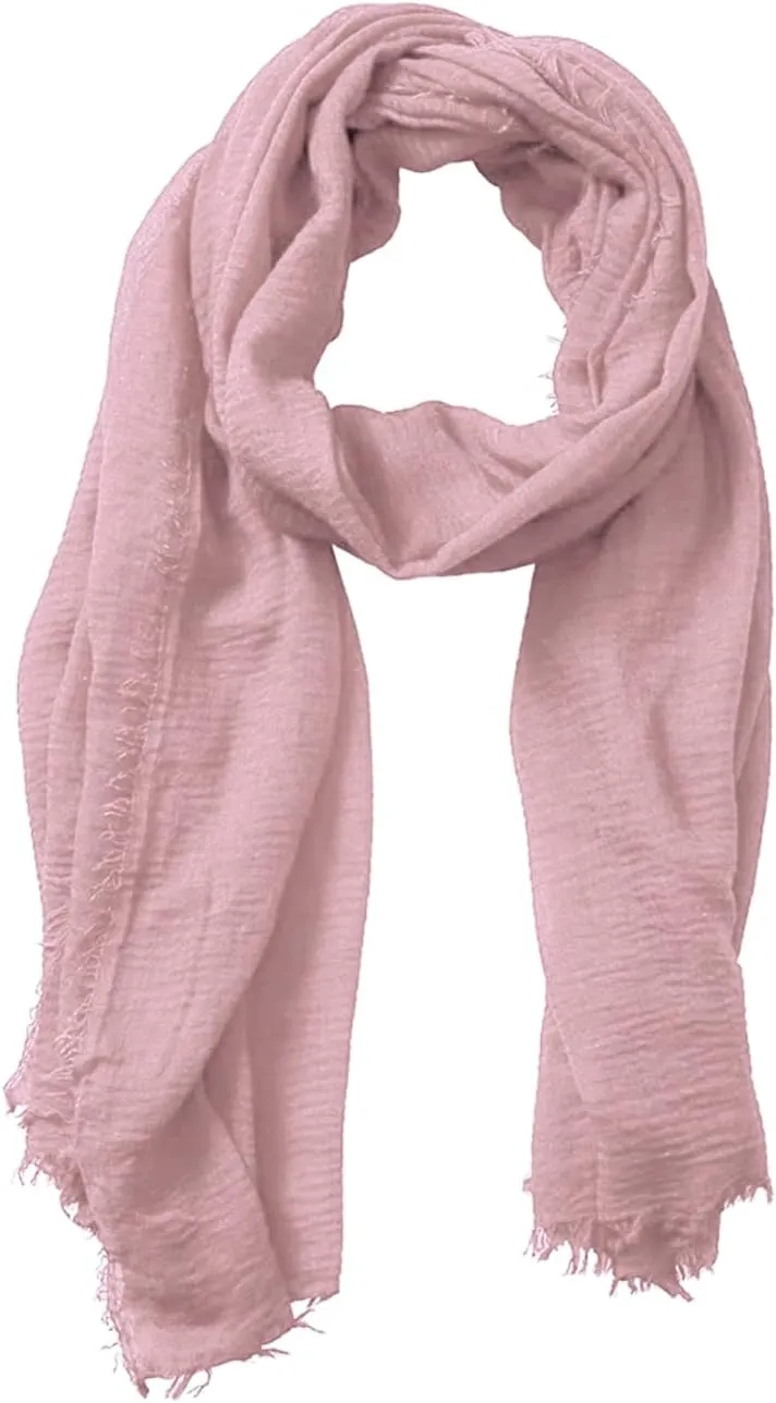 Summer Cotton Blend Crinkle Vintage Soft Scarf with Fringed Edges 35"  70"