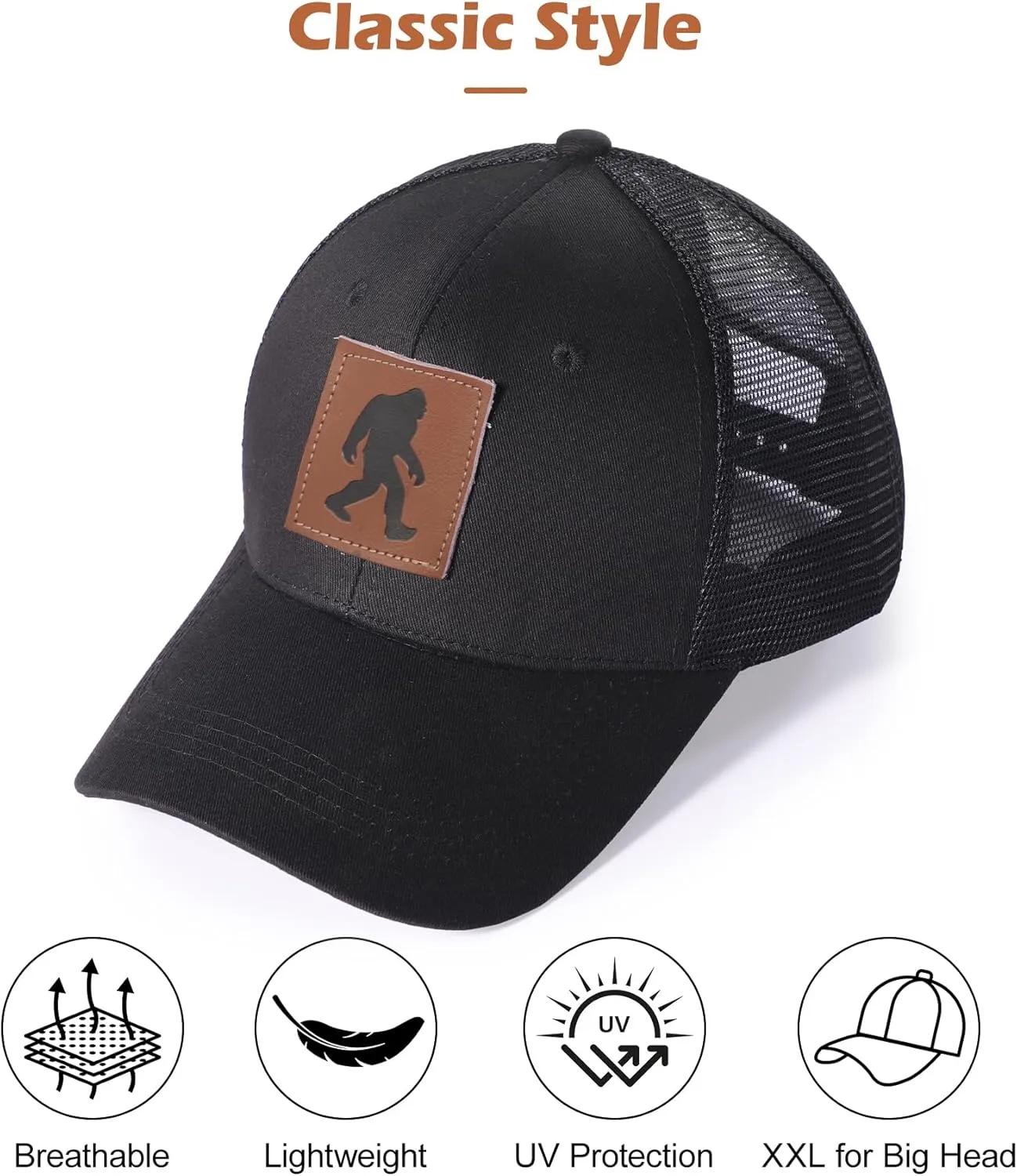 XXL Hats for Men Big Head, Black Oversized Trucker Finshing Hat, Mesh Snapback Baseball Cap, Embroidered Dad Hat for Women